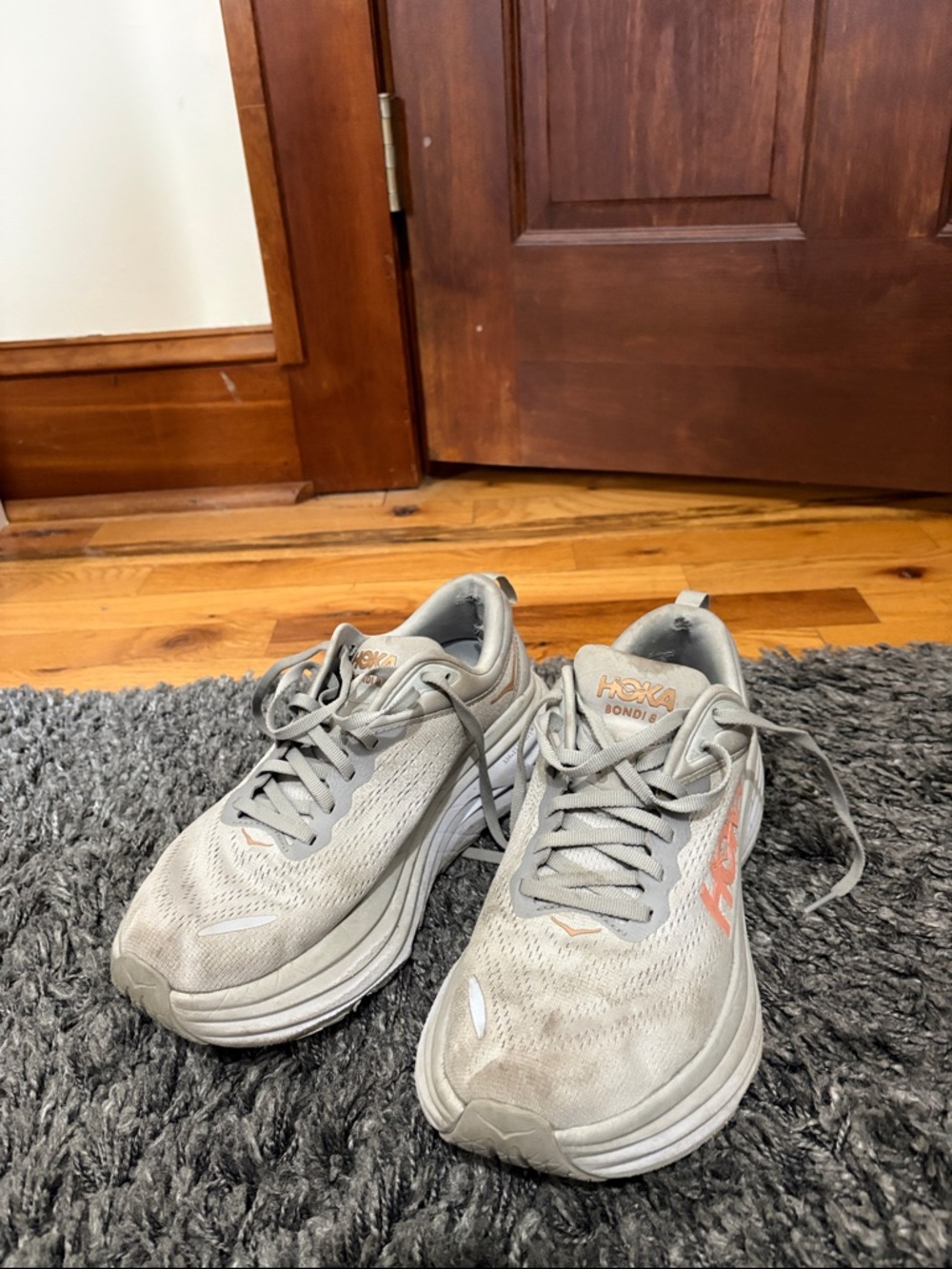 Hoka Women's Running Shoes in Light Gray with Coral Accents